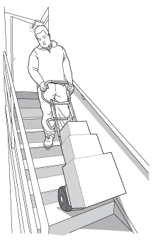 Utilisation d'un diable élévateur motorisé pour transporter une charge en bas des escaliers