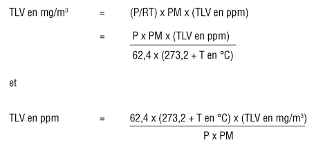 Formule pour convertir les mg/m³ en ppm à différentes températures et pressions