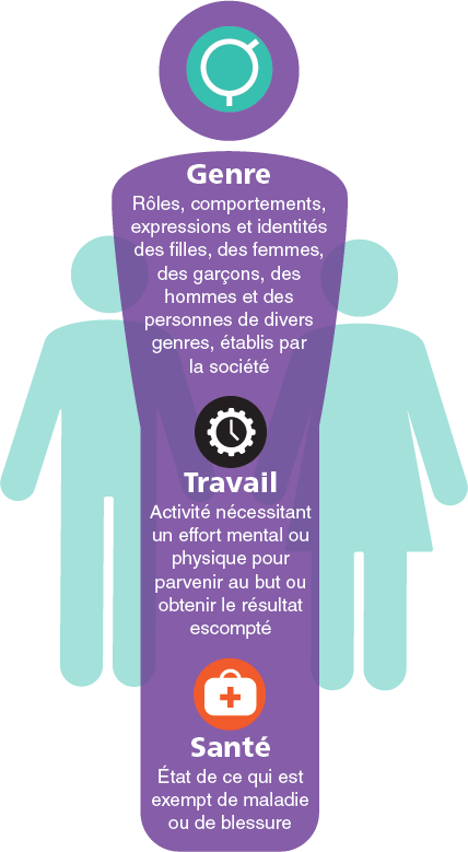 Genre: Rôles, comportements, expressions et identités des filles, des femmes, des garçons, des hommes et des personnes de divers genres, établis par la société. Travail: Activité nécessitant un effort mental ou physique pour parvenir au but ou obtenir le résultat escompté. Santé: État de ce qui est exempt de maladie ou de blessure.