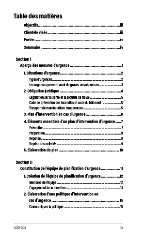 Aperçu de la table des matières de la publication