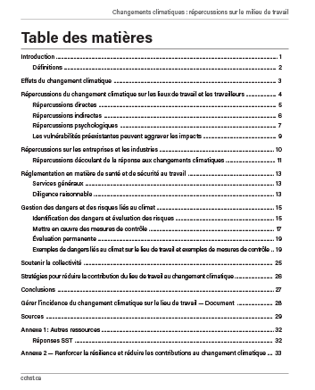 Aperçu de la table des matières de la publication