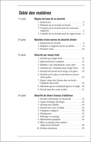 Aperçu de la table des matières de la publication