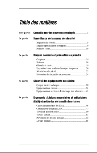 Aperçu de la table des matières de la publication