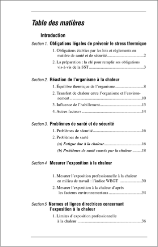 Aperçu de la table des matières de la publication