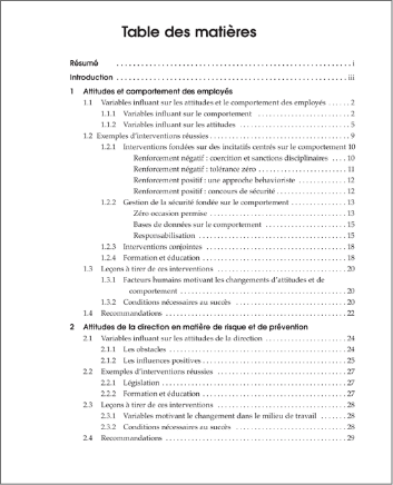 Aperçu de la table des matières de la publication