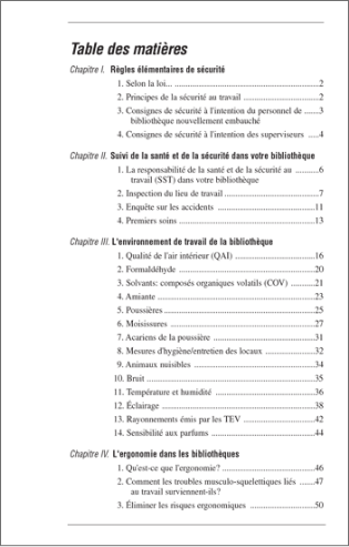 Aperçu de la table des matières de la publication