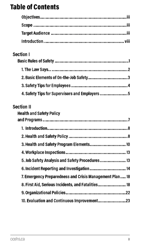 Aperçu de la table des matières de la publication