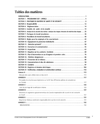 Aperçu de la table des matières de la publication