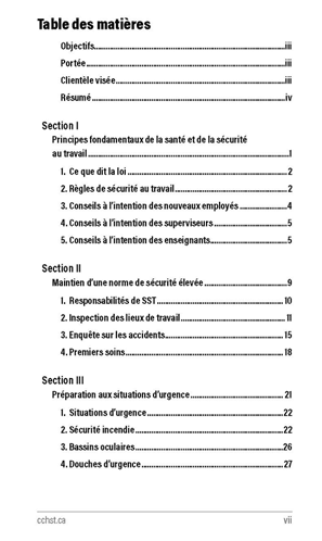 Aperçu de la table des matières de la publication