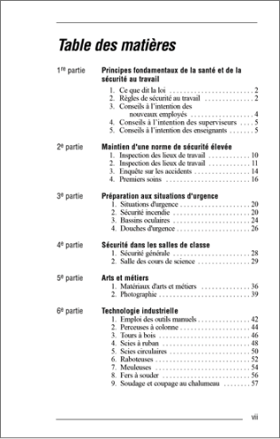 Aperçu de la table des matières de la publication