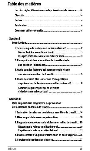 Aperçu de la table des matières de la publication