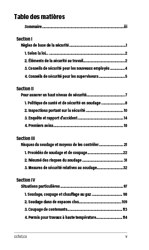 Aperçu de la table des matières de la publication